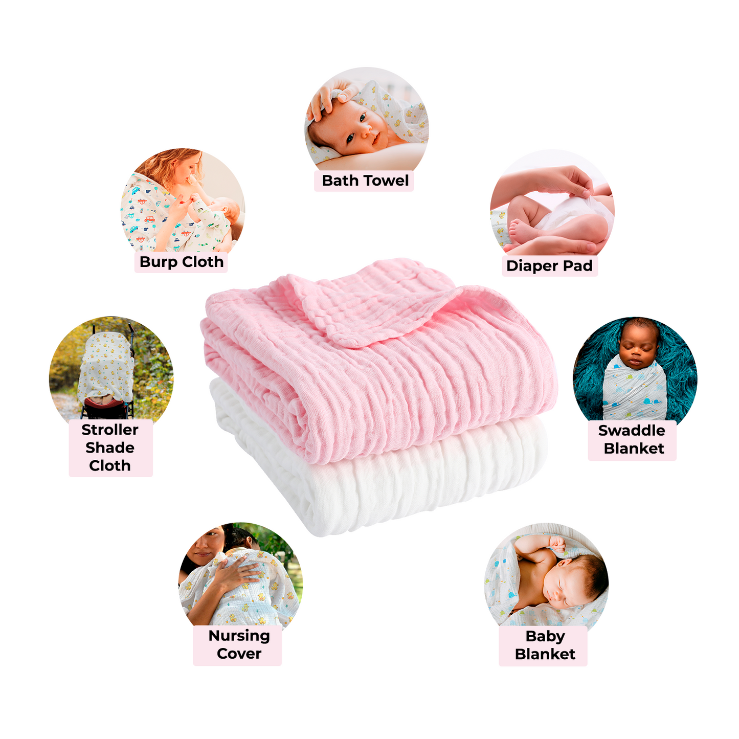 Pio pio's Baby Towel Cotton Set - Includes 2 Towels Pink/White